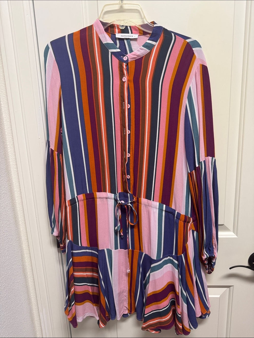 Olivaceous Pink Multi-Stripe Long Sleeve Tunic Dress